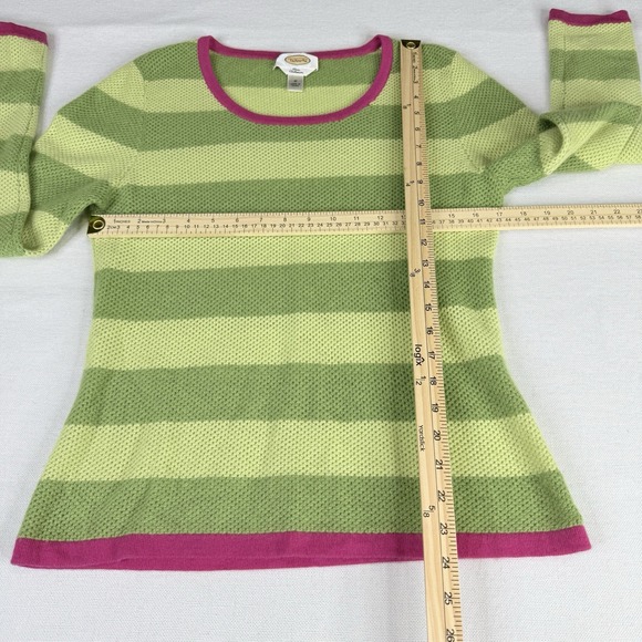Talbots 100%Pure Cashmere Sweater Women's Sz M Green Striped Pink Trim Open Knit - Picture 10 of 14
